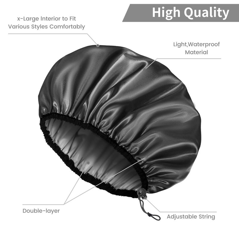 Auban Shower Cap for Women, Adjustable Reusable, Extra Large, Double-Layer Waterproof Bathing Cap, Waterproof Exterior, EVA Lining, Hair Cap for All Hair Lengths, 3 Balck Set - Image 5